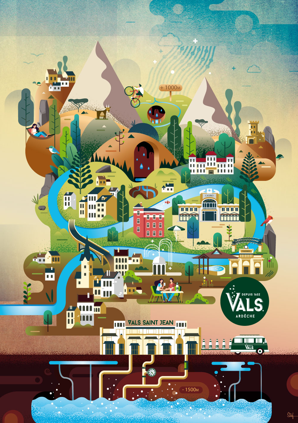 vals-map eau minérale de vals les bains poster cycle de l'eau