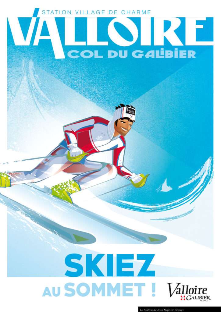 Illustration d'un poster de Jean-Baptiste Grange qui skie dans une piste de slalom