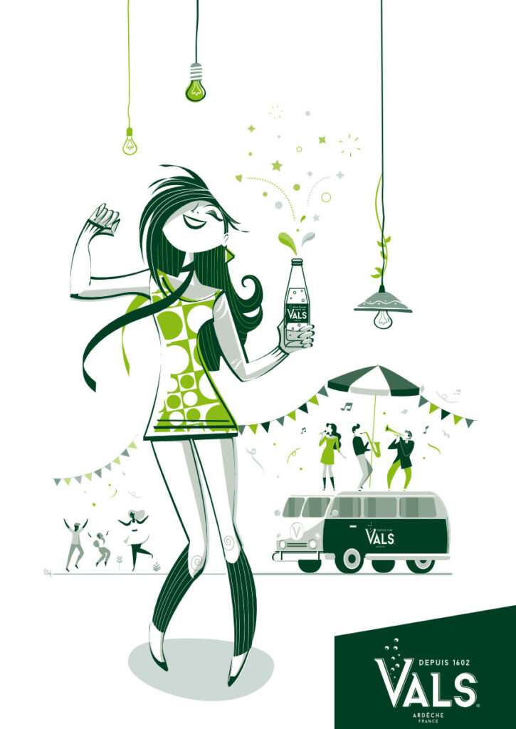 Une jeune fille qui tient une bouteille de Vals danse dans une guinguette