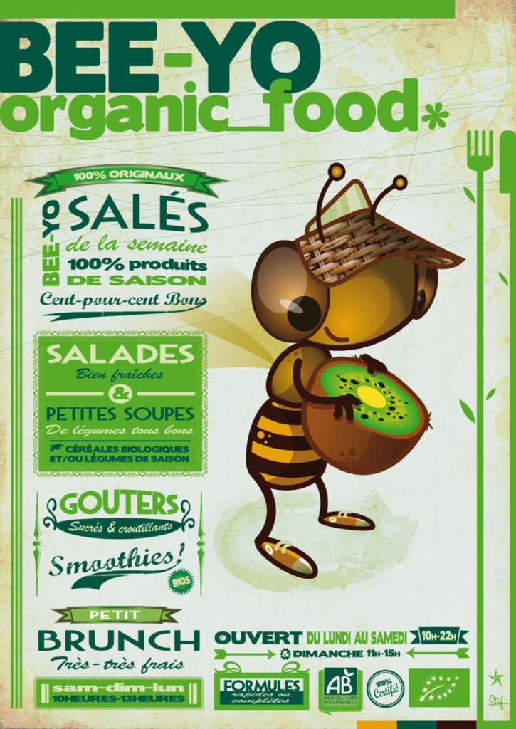 Une abeille qui tient un kiwi présente un menu et les plats d'un restaurant rapide bio