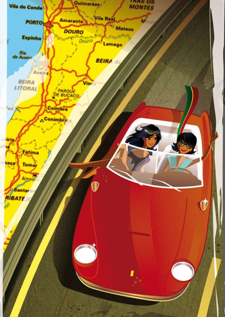 Affiche de road-movie illustrant deux personnages dans un coupé de sport rouge