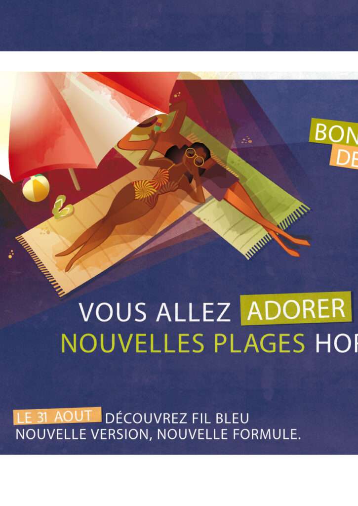Affiche illustrée d'un couple en vacances à la plage sous un parasol