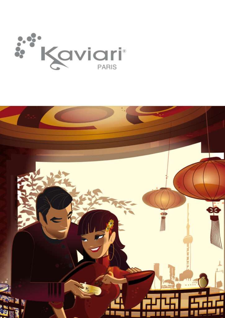 Illustration d'un couple partageant un boîte de caviar Kaviari dans un décor asiatique